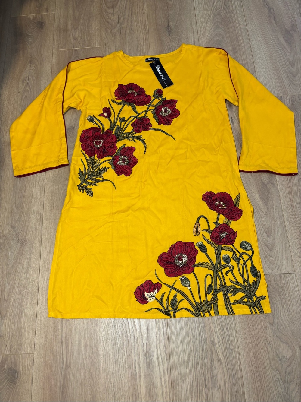 Ideas Pret Mustard Yellow Embroidered Floral Tunic Dress – Size L – NWT